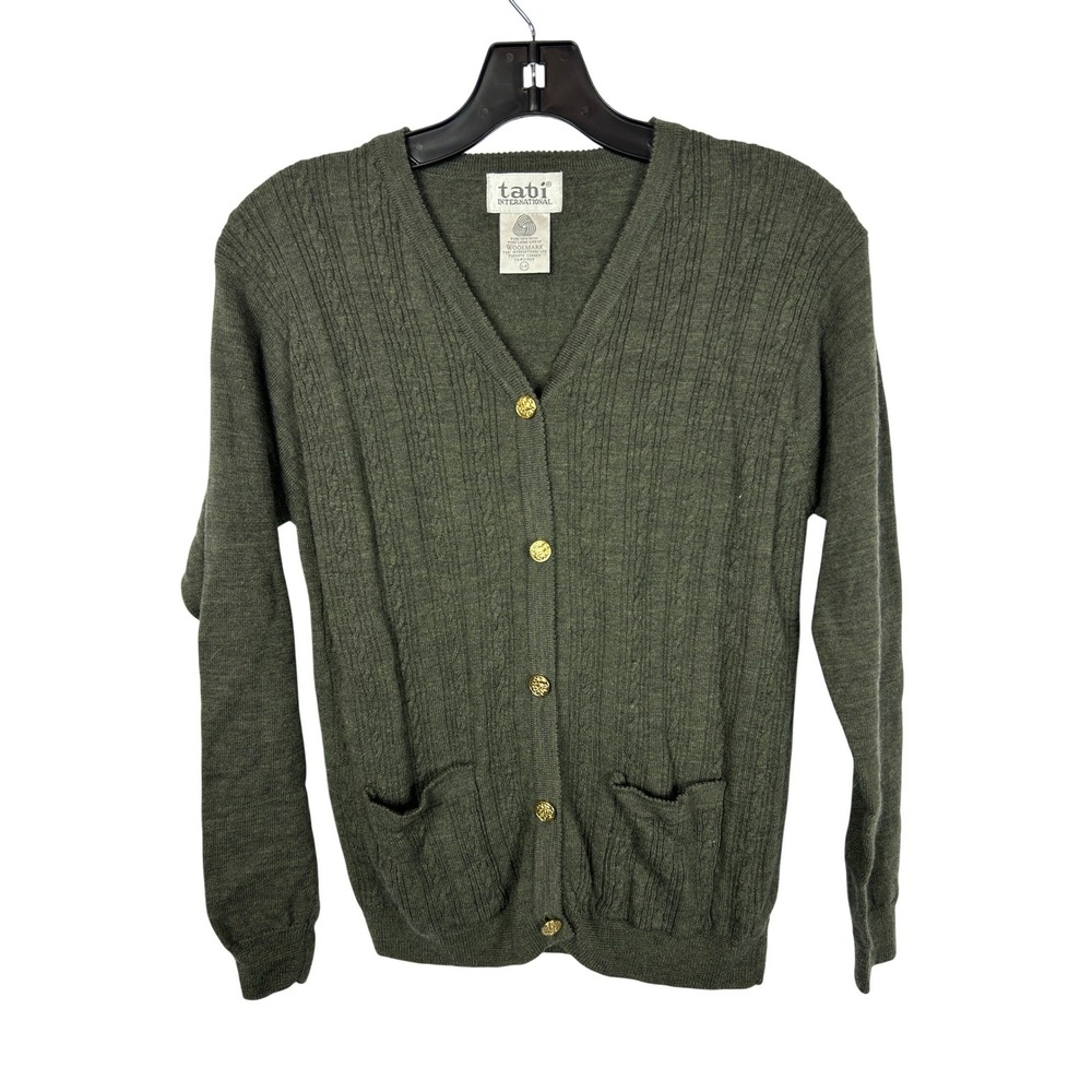 Pure New Wool Cable Knit Cardigan Tabi International Olive Green Button Up Small